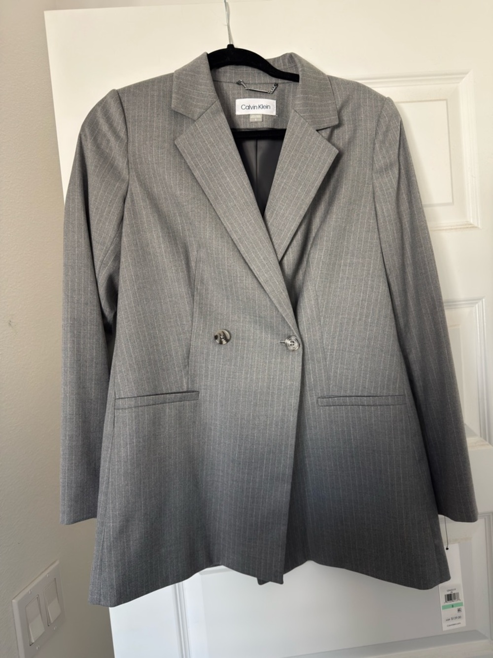 Calvin Klein Women's Gray Pinstripe Double-Breasted Suit Jacket